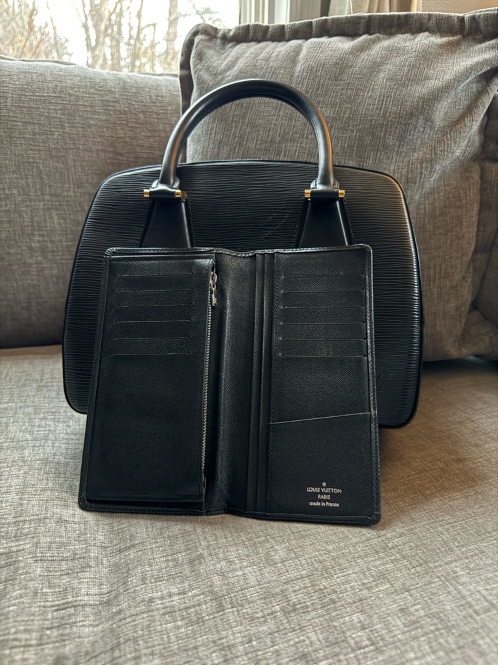 Louis Vuitton Black Epi Leather Top-Handle Bag with Matching Wallet